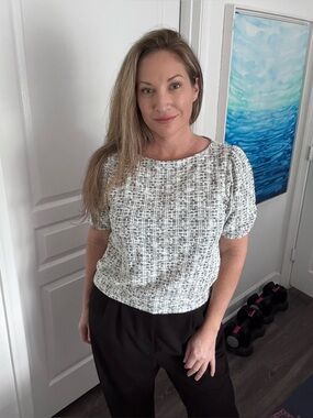 Ann Taylor Factory Black and White Short Sleeve Tweed-Style Top